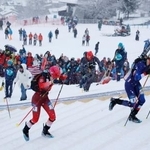 　山岳スキー女子スプリント予選で、スキー板を背負って力走する選手たち＝１９日、イタリア・ボルミオ（共同）