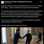 　１９日に共同通信と単独会見したウクライナのゼレンスキー大統領のＸ（旧ツイッター）への投稿（共同）