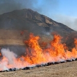 　熊本県・阿蘇山の草千里一帯で行われた野焼き＝２１日午後