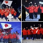 　６日、ミラノ・コルティナ冬季五輪の開会式で、４会場で入場行進する日本選手団。左上から時計回りに、ミラノ、コルティナダンペッツォ、プレダッツォ、リビーニョ（共同）