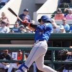 　タイガース戦の４回、二塁打を放つブルージェイズ・岡本＝レークランド（共同）