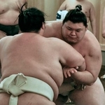 　出稽古に来た琴桜と相撲を取る大の里＝大阪府東大阪市の二所ノ関部屋宿舎