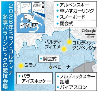 　２０２６年ミラノ・コルティナ冬季パラリンピックの競技会場（配置画像は（Ｃ）Ｇｏｏｇｌｅ）