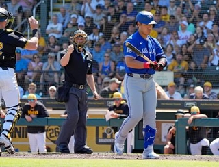 　パイレーツ戦の２回、三振に倒れたブルージェイズ・岡本。３打数無安打だった＝ブラデントン（共同）