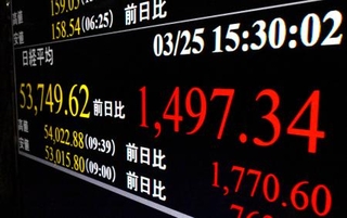 　前日比１４９７円３４銭高となった日経平均株価の終値を示すモニター＝２５日午後、東京・東新橋