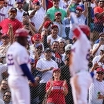 　地元ドミニカ共和国のスター、フアン・ソトの三塁打に沸く観衆＝４日、サントドミンゴ（ゲッティ＝共同）