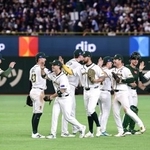 　野球のＷＢＣが開幕し、台湾に勝利してタッチを交わすオーストラリアの選手たち＝５日、東京ドーム