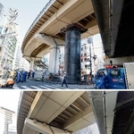 　１１日、地下に敷設されていた管（円柱状のもの）が隆起した大阪市北区の現場。下は発生前（（Ｃ）Ｇｏｏｇｌｅ）