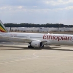 　日本政府が手配した国営エチオピア航空のチャーター機＝１１日、成田空港