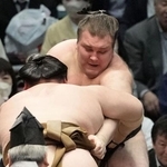 　王鵬（手前）にきめ出しで敗れた安青錦＝エディオンアリーナ大阪