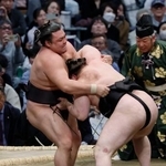 　安青錦（右）を攻める霧島。２敗目を喫したが、３敗で追っていた力士が敗れ優勝が決まった＝エディオンアリーナ大阪