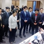 　プラモデルなど模型文化の振興を図る議員連盟の設立総会で展示品を見学する議員ら＝２４日午後、国会