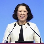 　第９２回自民党大会であいさつする連合の芳野友子会長＝２０２５年３月、東京都内