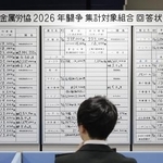 　ボードに記入された各社の回答状況＝１８日、東京都中央区