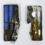 　リチウムイオン電池の事故再現実験で焼損したモバイルバッテリー