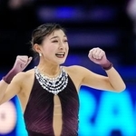 　世界フィギュア、フリーの演技を終え、笑みを見せる坂本花織＝２７日、プラハ（ＡＰ＝共同）