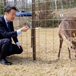 　大阪市内で捕獲されたシカに声をかける横山英幸大阪市長＝２８日午後、大阪府能勢町