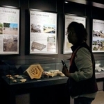 　熊本城天守閣で始まった復旧工事に伴う文化財調査のパネル展＝３０日午前、熊本市