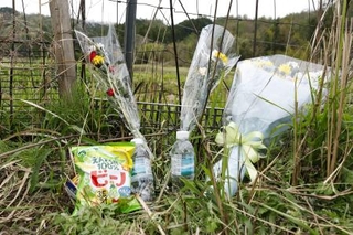 　花束が手向けられた遺体発見現場付近＝１４日午後３時５９分、京都府南丹市