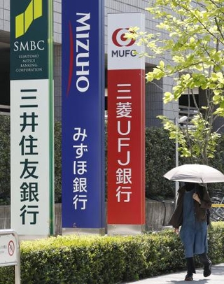 　大手銀行各社の看板＝１９日、東京都江東区