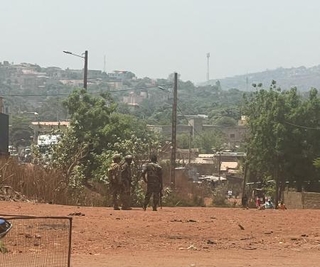 　２６日、マリの首都バマコ近郊で警戒するマリ軍の兵士（ロイター＝共同）