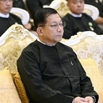 　ミャンマー首都ネピドーでの式典に出席したミンアウンフライン国軍総司令官（当時）＝３月