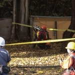 　「緊急銃猟」で銃を構える猟友会のハンター（奥）＝２０２５年１０月、札幌市西区