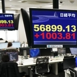 　上げ幅が一時１０００円を超えた日経平均株価を示すモニター＝１０日午前、東京都港区の外為どっとコム