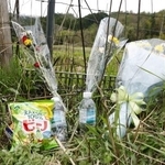 　花束が手向けられた遺体発見現場付近＝１４日午後３時５９分、京都府南丹市