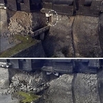 　熊本地震の前震翌日の２０１６年４月１５日（上）と本震１０日後の２６日の熊本城の３Ｄ画像から。前震で天守閣入り口の石垣に変形が生じ（点線部分）、本震で崩落したのが分かる。共同通信が撮影した航空写真を基に作成