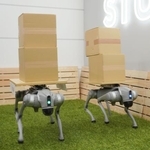 　富士通のフィジカルＡＩ技術を搭載し、荷物が落ちないよう慎重に歩くロボット（左）と搭載していないロボット＝２３日午後、川崎市