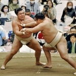 　大相撲春巡業の朝稽古で、豊昇龍（右）と相撲を取る霧島＝さいたま市