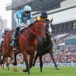 　香港競馬のクイーンエリザベス２世カップを制したマクドナルド騎乗のロマンチックウォリアー。右は２着となったルメール騎乗のマスカレードボール＝香港のシャティン競馬場（共同）