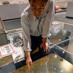 　北海道浦幌町立博物館で、地震の影響を受けひびが入った展示室のガラス＝２７日午前９時５８分