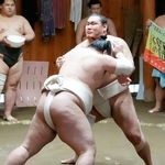 　朝稽古で相撲を取る豊昇龍＝東京都台東区の立浪部屋