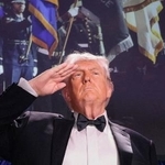 　米ホワイトハウス記者会主催の夕食会で敬礼するトランプ米大統領＝２５日（ロイター＝共同）