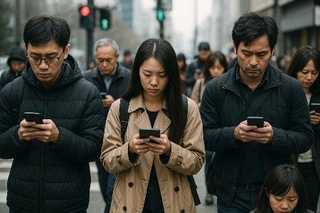 　人工知能（ＡＩ）にみんなが依存した社会のイメージ。これは生成ＡＩに作らせた写真です（人工知能学会提供）