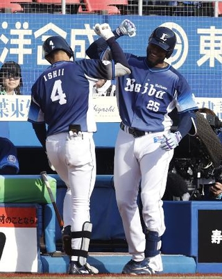 　６回、本塁打を放った石井（左）を迎える西武のカナリオ＝ＺＯＺＯマリン