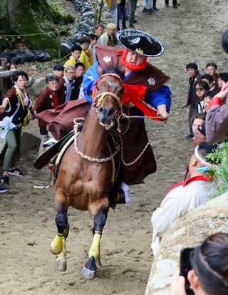 　多度大社の「上げ馬神事」で坂を駆け上がる馬＝４日午後、三重県桑名市