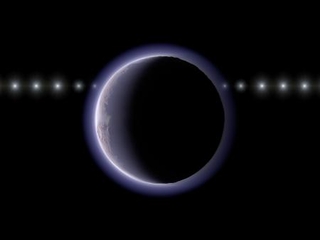 　太陽系外縁天体２００２ＸＶ９３（中央）が恒星の手前を通過する様子の想像図。天体の近くで恒星が減光している（国立天文台提供）