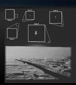 　宇宙船アポロ１２号の着陸地点から撮影した月面の画像。月の地平線より上側に光る点のようなものが複数見える（米国防総省提供）