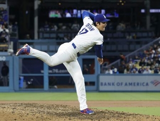 　ジャイアンツ戦に先発登板し、７回４安打無失点の快投で３勝目を挙げたドジャース・大谷＝ロサンゼルス（共同）