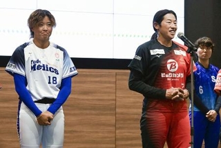 　上野由岐子投手（右）と後藤希友投手＝４月２日、東京都新宿区