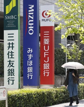 　大手銀行各社の看板＝４月、東京都江東区