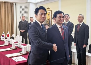 　会談に臨む小泉防衛相（左）と韓国の安圭伯国防相＝３０日、シンガポール（共同）
