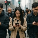 　人工知能（ＡＩ）にみんなが依存した社会のイメージ。これは生成ＡＩに作らせた写真です（人工知能学会提供）