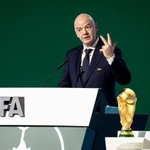 　ＦＩＦＡの総会で話すインファンティノ会長＝４月３０日、バンクーバー（ＡＰ＝共同）