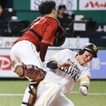 　７回ソフトバンク２死二塁、近藤の中前打で生還する二走栗原。捕手太田＝みずほペイペイドーム