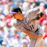 　フィリーズ戦に先発し、５回を投げ７安打５失点で３敗目を喫したロッキーズ・菅野＝フィラデルフィア（ＡＰ＝共同）