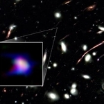 　巨大銀河団と極小銀河「ＬＡＰ１-Ｂ」（四角で囲んだ部分）のイメージ（（Ｃ）ＮＡＳＡ，ＥＳＡ，ＣＳＡ　＆　Ｋ．Ｎａｋａｊｉｍａ　ｅｔ　ａｌ．，Ｎａｔｕｒｅ）